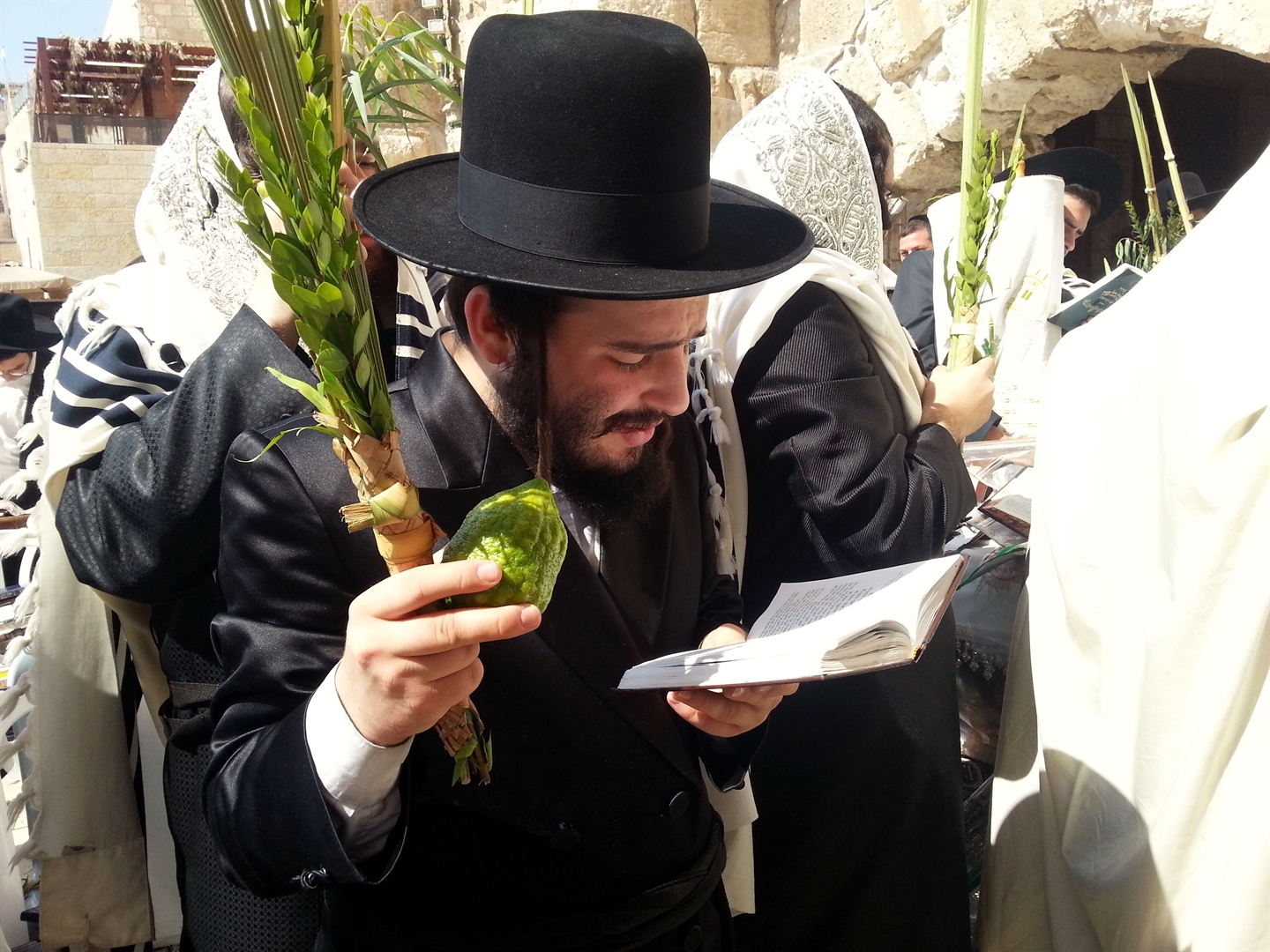 上图：犹太人手持住棚节四祥植物（Sukkot Four Species），在耶路撒冷西墙颂唱「哈利路诗篇」（Hallel Psalms）。