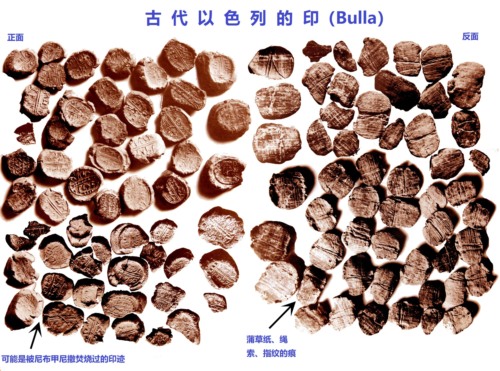 上图：以色列博物馆收藏的古代以色列的印（Bulla），这些印是干燥的粘土块，被石头印章压上了文字和图案。古代中东人广泛使用印章作为真迹和权威的标记，用来使文件生效、封缄门户和各种容器。美索不达米亚最普遍的印章形式是圆筒印章，但以色列则以平面印章较为常见。